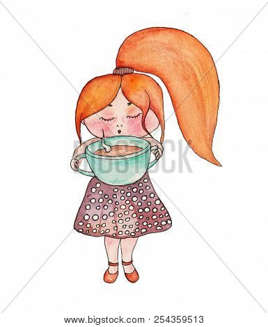 Little Girl With Red Hair And A Cup Of Tea. Watercolor Illustration. Hand Drawing
