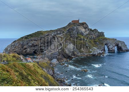 A Right Side View Of The Path & Stairway To The Gaztelugatxe Island, Low Tide Moment. Close Up To Th
