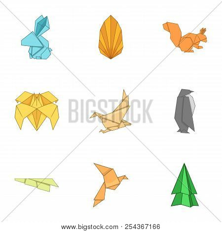Origami Figure Icons Set. Cartoon Set Of 9 Origami Figure Vector Icons For Web Isolated On White Bac