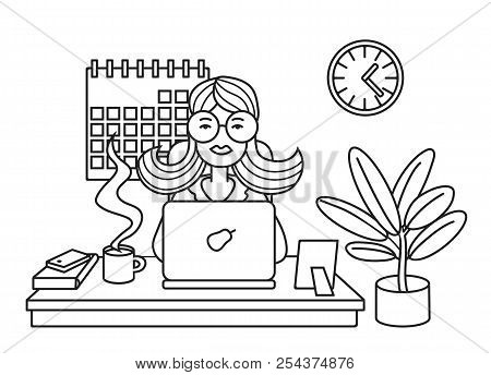 Woman Working On Laptop At Office. Line Vector Illustration.