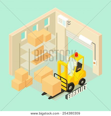 Yellow Forklift In Warehouse Concept Background. Isometric Illustration Of Yellow Forklift In Wareho