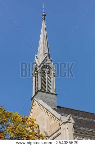 Zurich, Switzerland - September 27, 2017: Tower Of The Equippers Friedenskirche Church In Zurich. Th