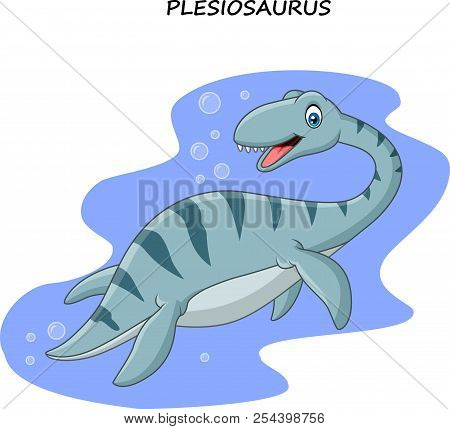 Vector Illustration Of Cartoon Smiling Plesiosaurus On White Background