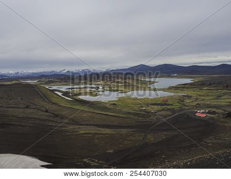 Veidivotn Fishing Hut And Cabin, Landscape With Colorful Crater Lake And Volcanic Snow Covered Mount