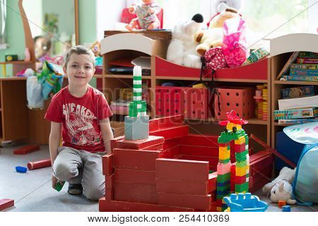 Belarus, Gomel, May 29, 2018. The Kindergarten Is Central. Open Day.a Boy In A Kindergarten Plays Wo
