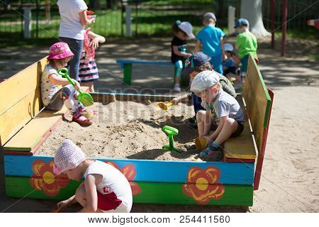 Belarus, Gomel, May 29, 2018. The Kindergarten Is Central. Open Day.children In The Kindergarten Pla