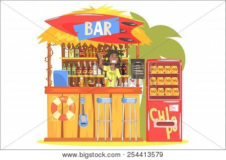 Beach Bar In Tropical Style Design With Smiling Resta Barman