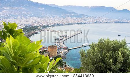 View Of Alanya Harbor From Alanya Peninsula. Turkish Riviera. Sea And Fortress In Alanya, Turkey.