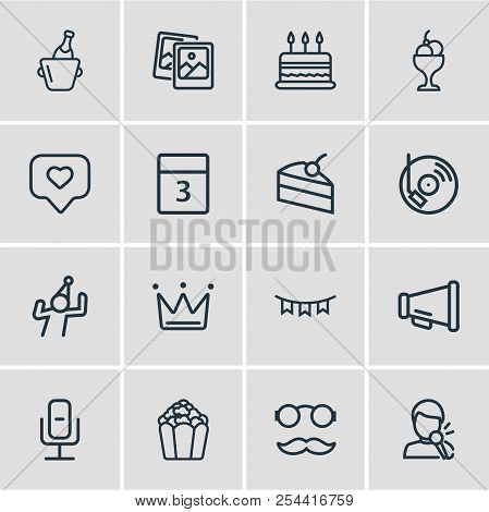 Vector Illustration Of 16 Event Icons Line Style. Editable Set Of Bullhorn, Crown, Popcorn And Other