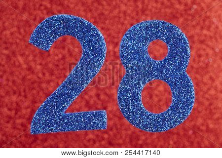Number Twenty-eight Blue Color Over A Red Background. Anniversary. Horizontal