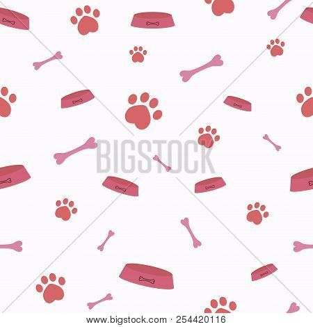 Seamless Vector Pattern With Cartoon Bones, Bowls And Dog Or Cat Paws. Cute Modern Pattern With Pink