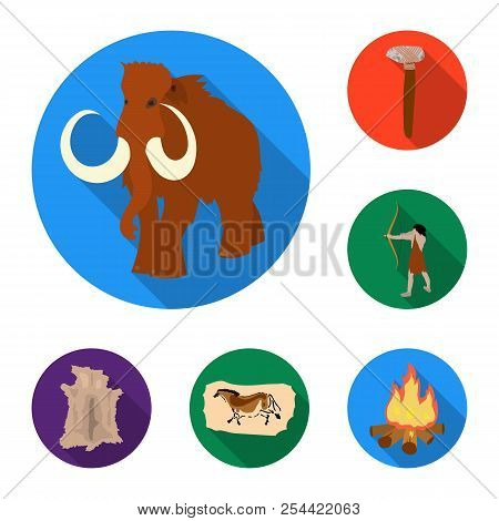 Life In The Stone Age Flat Icons In Set Collection For Design. Ancient People Vector Symbol Stock We