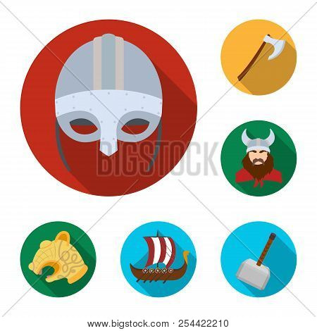 Vikings And Attributes Flat Icons In Set Collection For Design.old Norse Warrior Vector Symbol Stock