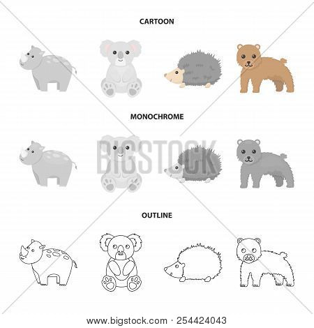 Rhino, Koala, Panther, Hedgehog.animal Set Collection Icons In Cartoon, Outline, Monochrome Style Ve