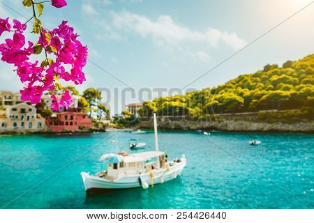 Branch Of Magenta Blossom Fuchsia Flower. Fishing Boat In Tranquil Bay, Picturesque Colorful Houses 