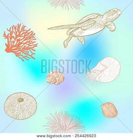 Sea World Seamless Pattern, Background With Fish, Corals And Shells On Blue And White Stripes Backgr