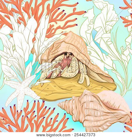 Sea World Seamless Pattern, Background With Fish, Corals And Shells On Blue And White Stripes Backgr