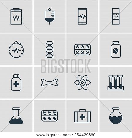 Illustration Of 16 Medical Icons Line Style. Editable Set Of Diagnosing, Plaster, Dna And Other Icon