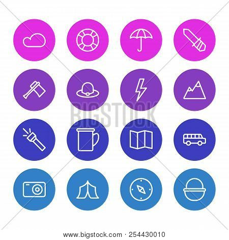 Illustration Of 16 Camp Icons Line Style. Editable Set Of Hat, Mountain, Axe And Other Icon Elements