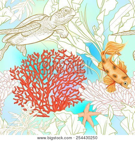 Sea World Seamless Pattern, Background With Fish, Corals And Shells On Blue And White Stripes Backgr