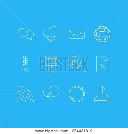 Vector Illustration Of 12 Network Icons Line Style. Editable Set Of Database, Zip, Chat And Other Ic