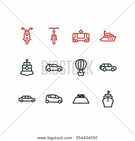 Vector Illustration Of 12 Transit Icons Line Style. Editable Set Of Supermini, Ship, Yacht And Other