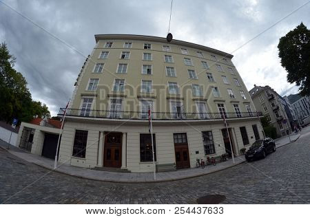 Grand Hotel. Historical building near Bergen Station - the main railway station in the Bergen city in Norway. June 26,2018. Bergen,Norway