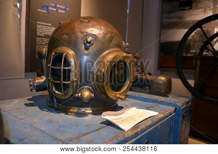 Diving equipment of the 19th century.Halden Channel Museum.July2,2018. Orje,Norway