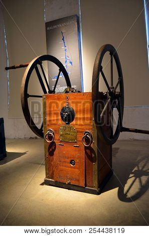 Diving equipment of the 19th century.Halden Channel Museum.July2,2018. Orje,Norway