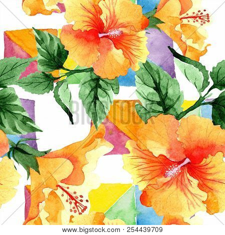 Watercolor Orange Naranja Hibiscus Flowers. Floral Botanical Flower. Seamless Background Pattern.
