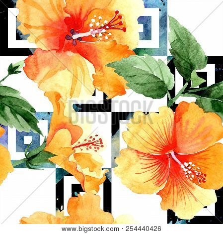 Watercolor Orange Naranja Hibiscus Flowers. Floral Botanical Flower. Seamless Background Pattern.
