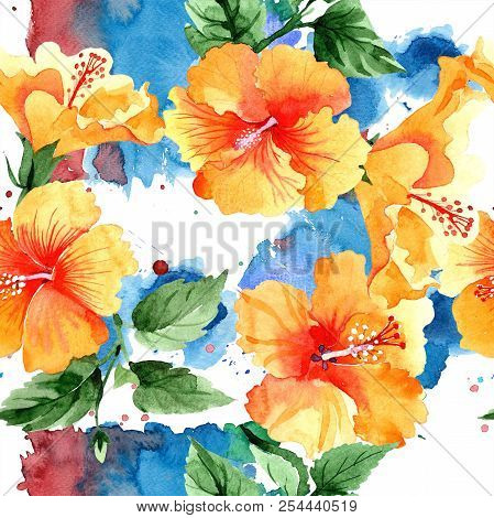 Watercolor Orange Naranja Hibiscus Flowers. Floral Botanical Flower. Seamless Background Pattern.