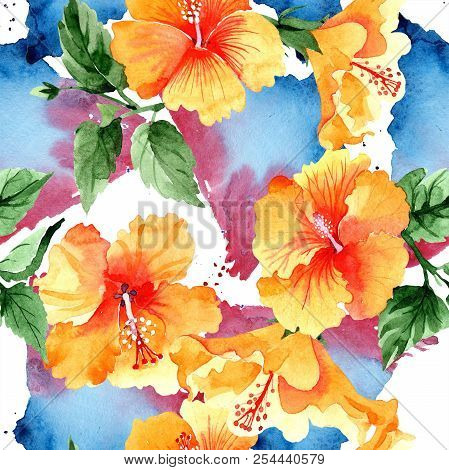 Watercolor Orange Naranja Hibiscus Flowers. Floral Botanical Flower. Seamless Background Pattern.