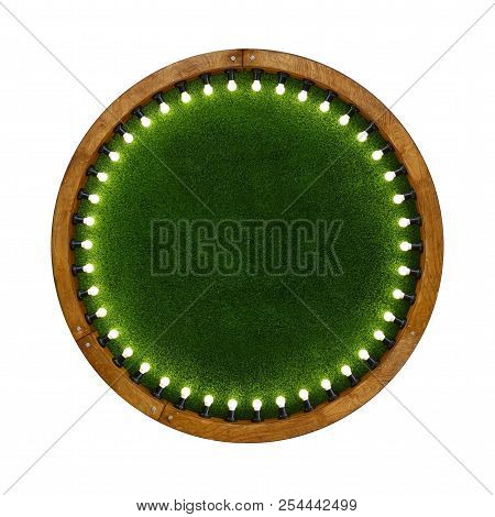 Close Up One Round Shape Wooden Ring Light Frame With Lightbulbs And Backdrop Of Illuminated Vivid G