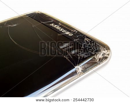 Chiangrai, Thailand: September 09, 2017 - Close-up Image Of Cracked Screen Samsung S7 Edge Smartphon