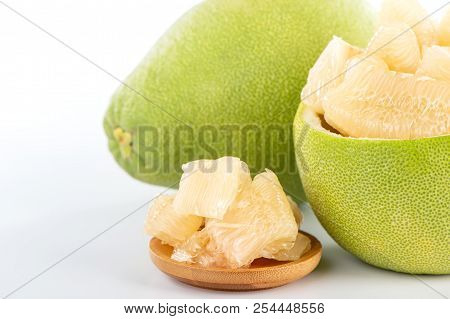 Fresh And Peeled Pomelo(shaddock), Grapefruit With Slices Isolated On White Background