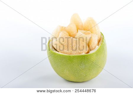Fresh And Peeled Pomelo(shaddock), Grapefruit With Slices Isolated On White Background