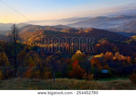 Colorful Autumn Landscape In Romanian Mountain, Sunset