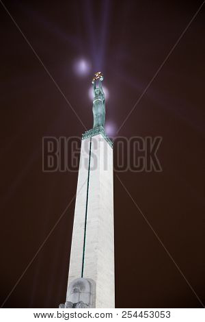Riga, Latvia, Staro Riga Festival.  Freedom Monument In Riga. 2017 Night.