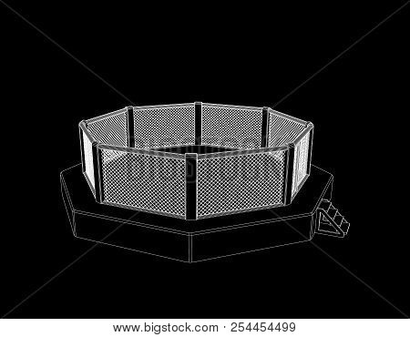 Octagon Fight Cage. Isolated On Black Background. Vector Outline Illustration.