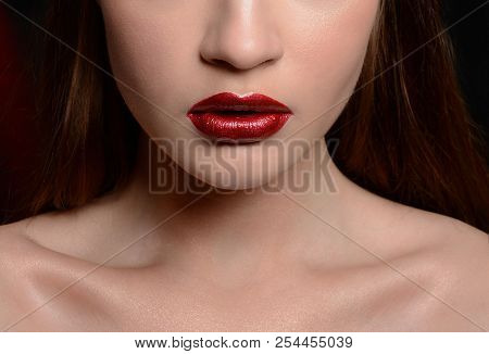 Macro Photo Of A Red Woman's Lips