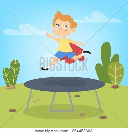 Little Boy In Red Cloack Jumping On Trampoline