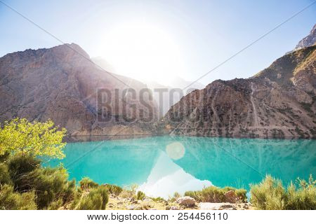 Beautiful serene lake in  Fann mountains (branch of Pamir) in Tajikistan.