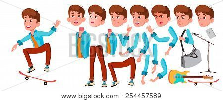 Teen Boy Vector. Animation Creation Set. Face Emotions, Gestures. Caucasian, Positive. Animated. For