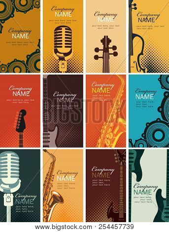 Vector Set Of Twelve Vertical Business Cards With Musical Instruments And Other Music Equipment On B