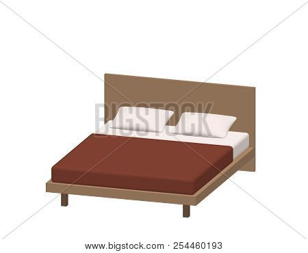 Modern Double Bed. Isolated On White Background. 3d Vector Illustration. Dimetric Projection.