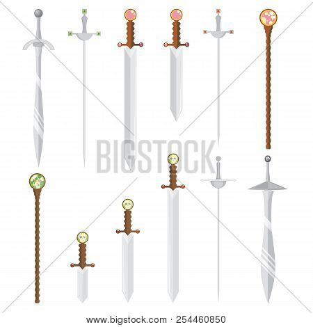 Set Of Vector Cartoon Style Swords  And Magic Wands With White Backjground For Rpg Game Decoration F