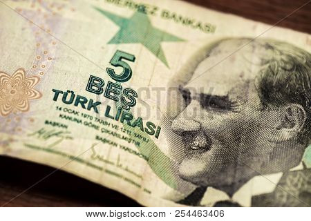 Close Up Turkish Lira Bills On Wooden Table, Turkish Lira (turkish Turk Parasi), High Exchange Rate 