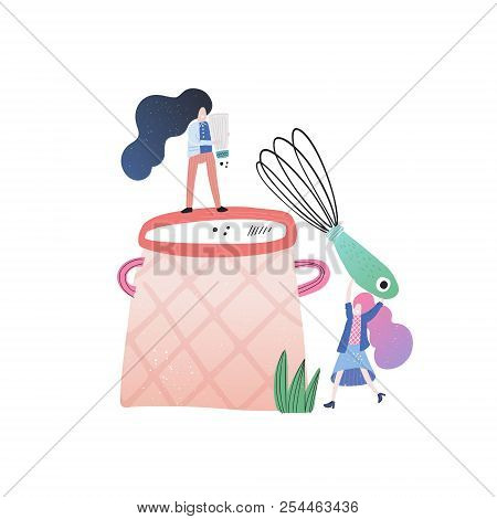 Two Women Are Making Dinner Together. Handdrawn Vector Design. Small People Cooking Concept.