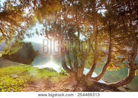 Beautiful serene lake in  Fann mountains (branch of Pamir) in Tajikistan.